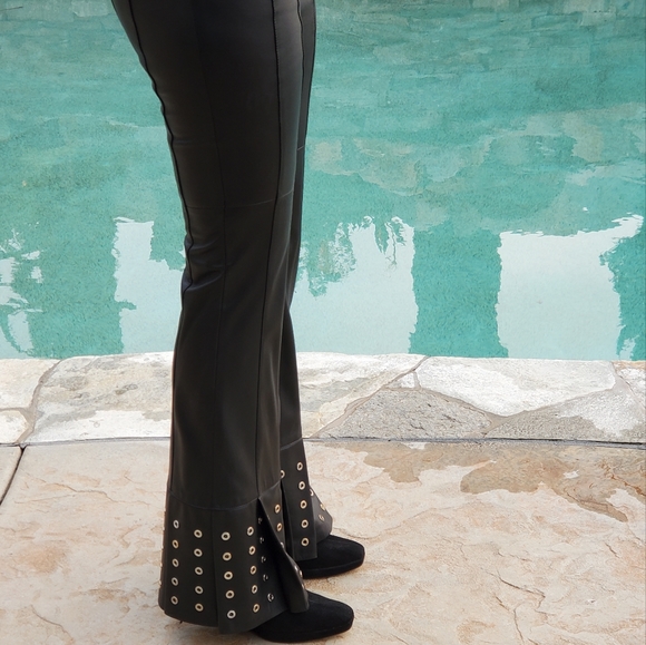 ESCADA BLACK LEATHER BELL BOTTOM PANTS - Picture 8 of 14